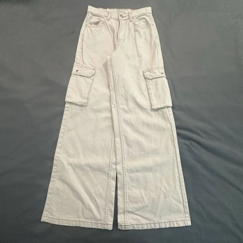 Pacsun Cargo Jeans Womens 24 Wide Leg Baggy Relaxed White Denim Mid Rise